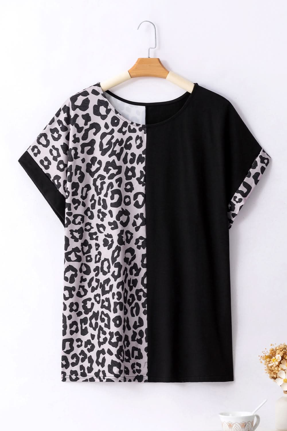 Black Half Leopard Patchwork Plus Size T-shirt - Love Salve